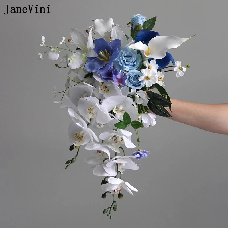 JaneVini 2025 White Calla Lily Waterfall Bridal Bouquets Cascading Butterfly Orchid Artificial Silk Wedding Blue Bouquet Flowers