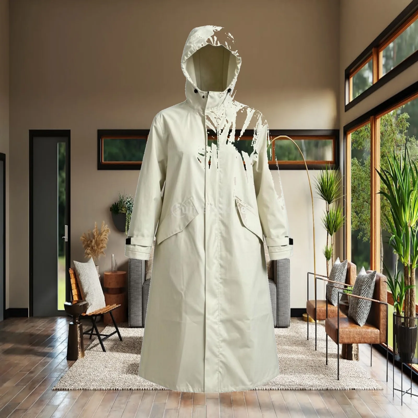 Long Raincoat Hooded Windbreaker for Commute Errands Lightweight Pongee PU Straight Loose Fit Outdoor Coat