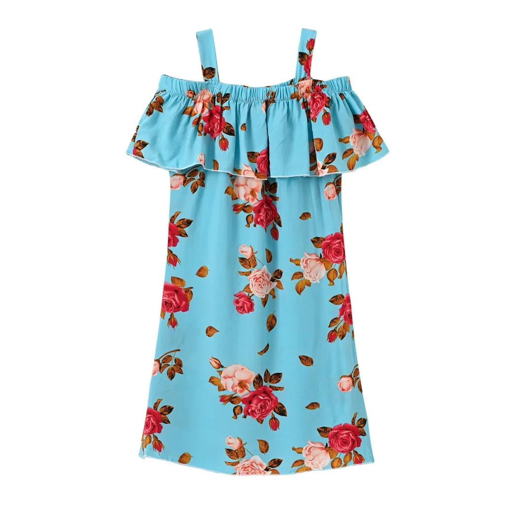New Girls Summer Fashion Off Shoulder Ruffled Strappy Dress Cartoon Floral Print Casual Sundress Casual Beach Vacation Dresses