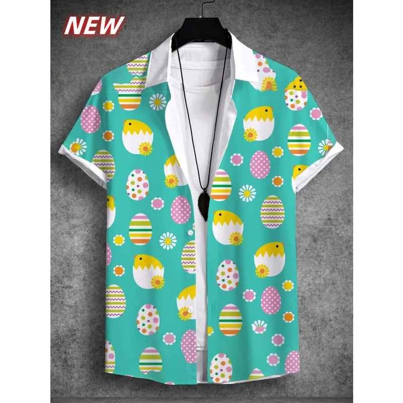 

Flower Leaf Pattern Hawaiian Shirt For Men Egg Chicken 3D Printed Aloha Shirts Summer Casual Short Sleeve Blouse Lapel Tops