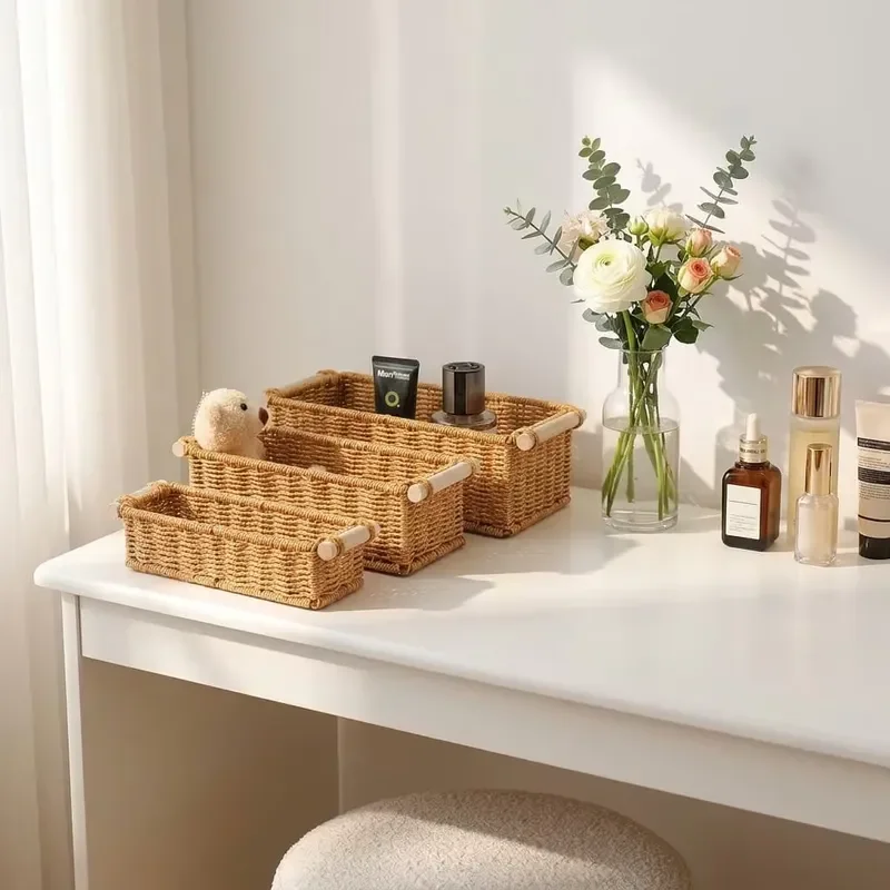 Handmade Rectangular Plastic Woven Waterproof Storage Basket with Wooden Handle European Modern Decorative Rack Storage Box