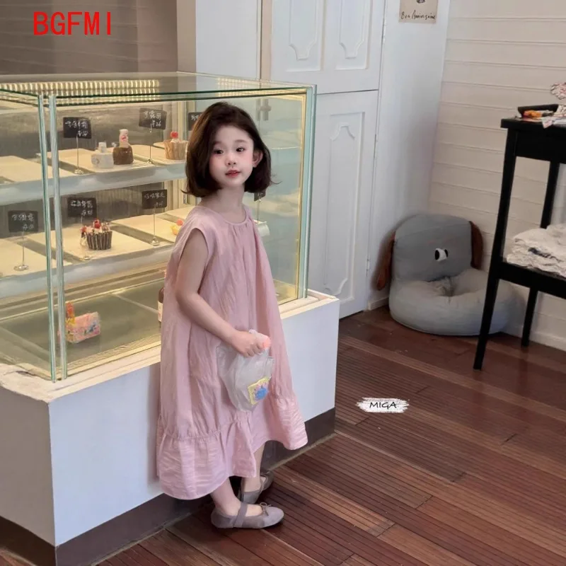 الكورية أزياء الأطفال فتاة حلوة لطيف سترة فستان فضفاض الصيف القطن الوردي أكمام فستان كاجوال فستان حفلة الشاطئ للأطفال