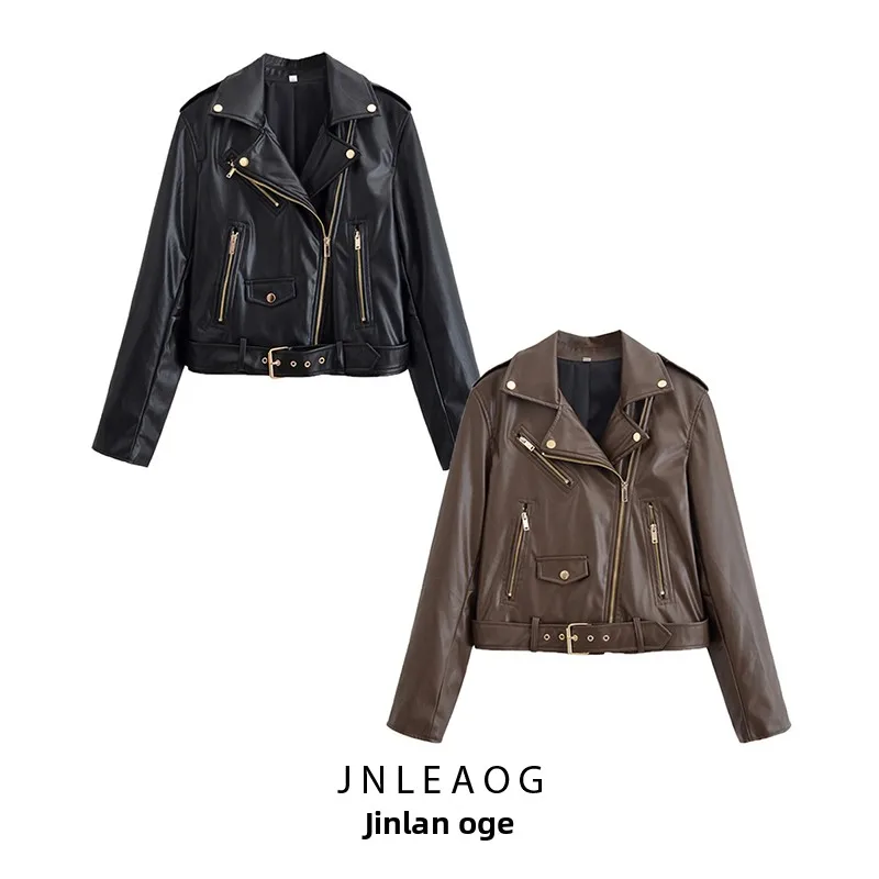 

JNLEAOG женское мотоциклетное пальто из искусственной кожи, осеннее новое поступление, облегающее длинное пальто из полиэстера с застежкой-молнией