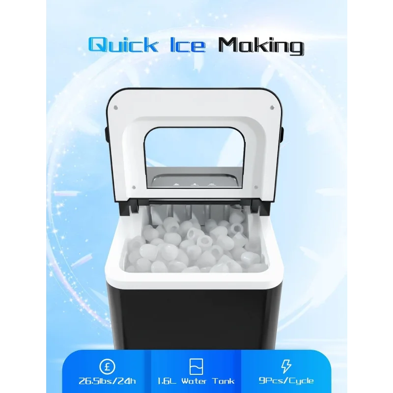 Máquina para hacer hielo portátil ARLIME para encimera, cubitos de balas listos en 8 minutos, 26 libras/24 horas, máquina para hacer hielo eléctrica con cuchara