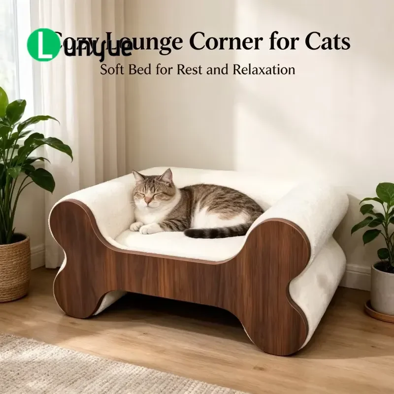 Wooden Cat House Bed Solid Wood Frame Pet Nest Sponge Teddy Fleece Cozy Indoor Furniture for Cats Kittens Durable Warm