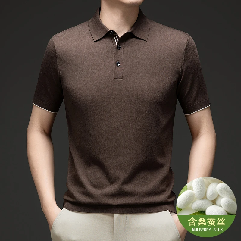 

Men's Classic Solid Lyocell Knit Shirts Summer Casual Turn Down Collar Mulberry Silk Polos Short Sleeve Thin Knitting Tees