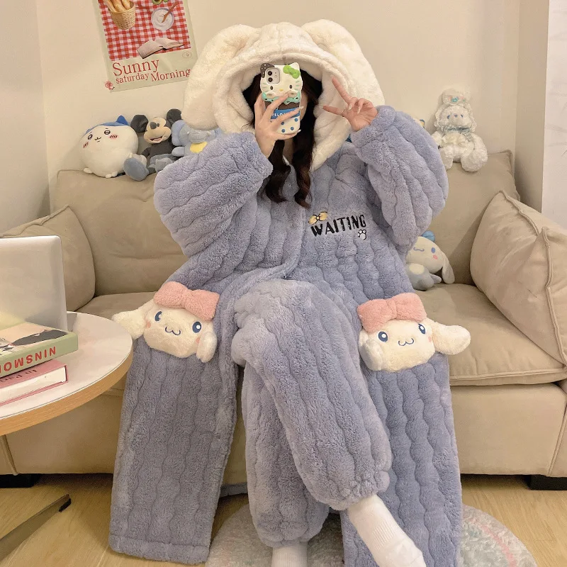 Kawaii Sanrio Kuromi Pochacco Cartoon Winter Velvet Hooded Pajamas Girls Warm Thickened Home Clothes Give Gifts To Girlfriend