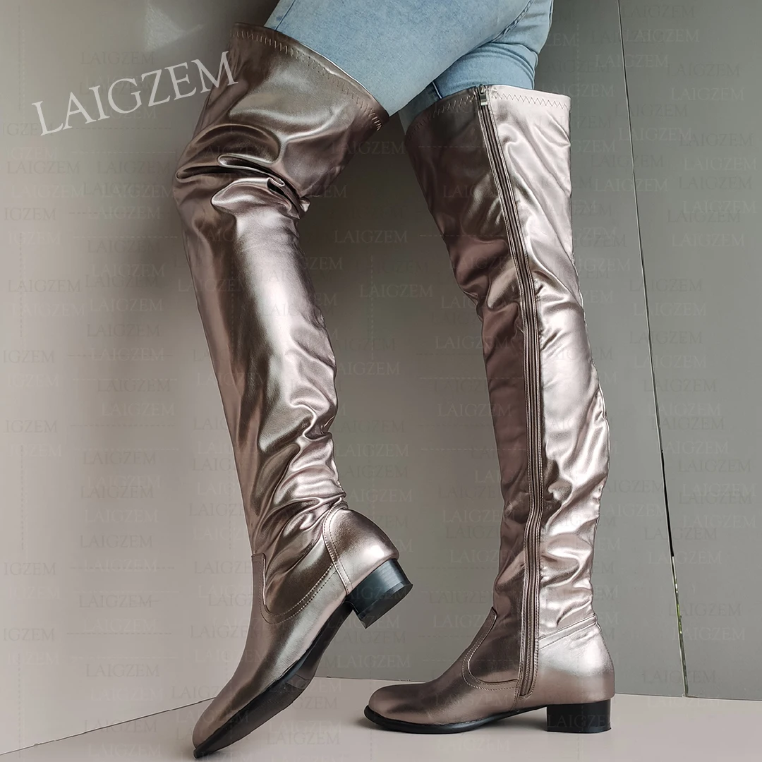 

ZHIMA Women Thigh High Boots Low Square Heels Side Long Zipper Faux Leather Boots Over Knee Shoes Woman Large Size 41 43 47 52