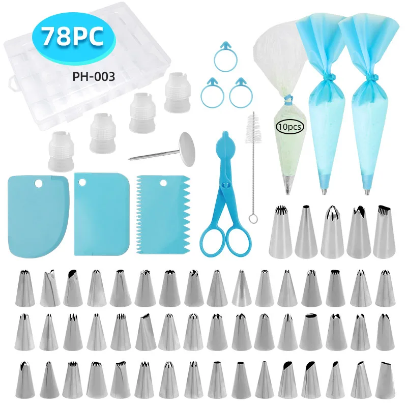 Kit de decoración de pasteles con caja de almacenamiento, 78 Uds., puntas para tuberías, boquilla de acero inoxidable, bolsas y herramientas EVA, juego profesional para hornear DIY