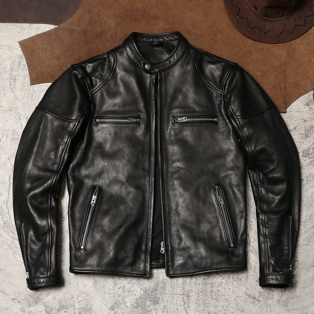 Black Autumn Leather Jacket Men Stadn Collar Plus Size 4XL Natural Cowhide Slim Fit Short Genuine Leather Coat