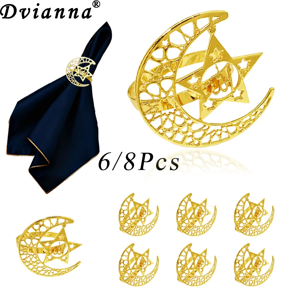 

6/8Pcs Gold Ramadan Napkin Rings Hollow Moon and Star Napkin Holder Buckles for Eid Ramadan Islamic Muslim Party Table Decor