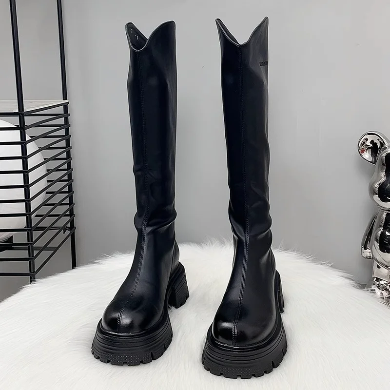 

Long Women's Boots Flats Platform Knee High Leather Shoes 2025 Chelsea High Boots New Goth Trend Walking Fashion Mujer De Botas