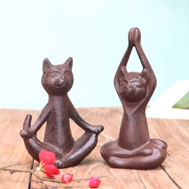 

Cast Iron Sitting Meditation Cat Statues Antique Rustic Small For Home Tabletop Office Desk Decoration Buddha Figurines Gift