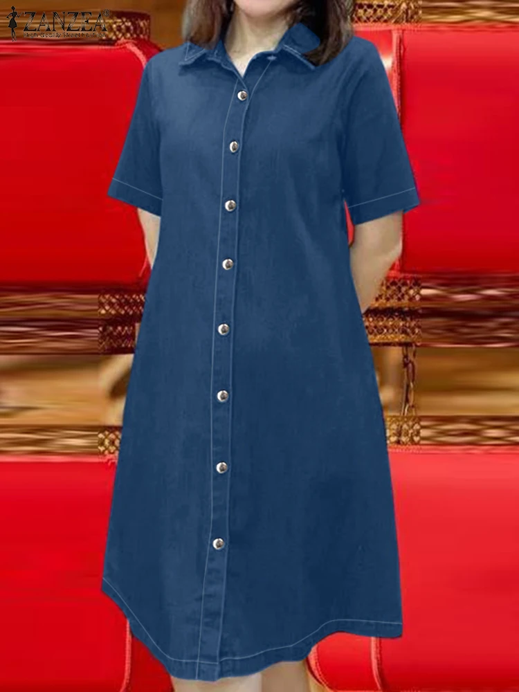 ZANZEA 패션 여름 드레스 데님 블루 Sundress 여성 빈티지 옷깃 넥 짧은 소매 작업 Vestidos 캐주얼 솔리드 버튼 드레스