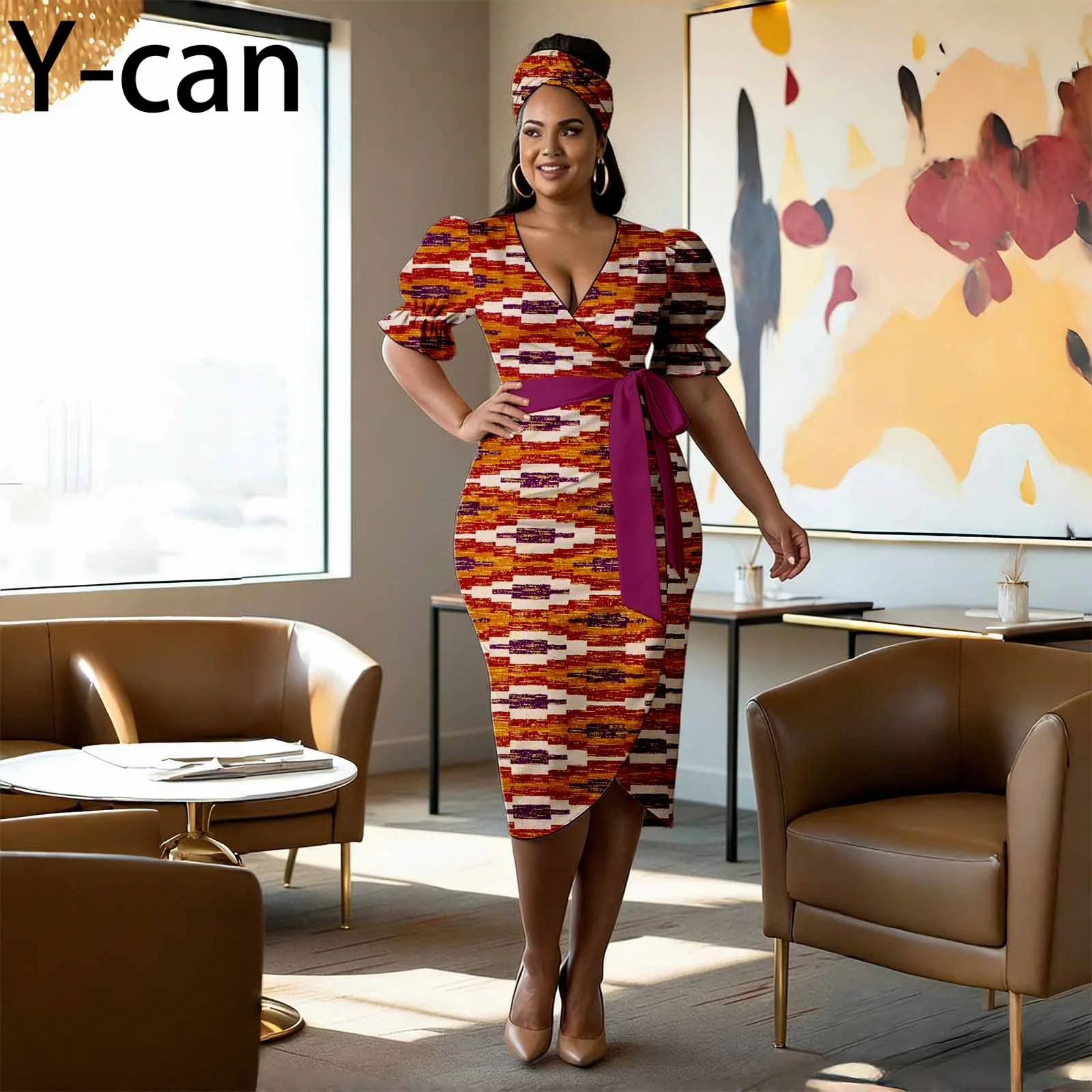 

African Midi Dress Dashiki Ankara Print V-neck Puff Sleeve Women's Party Wedding Dress with Belt And Headscarf 2625015