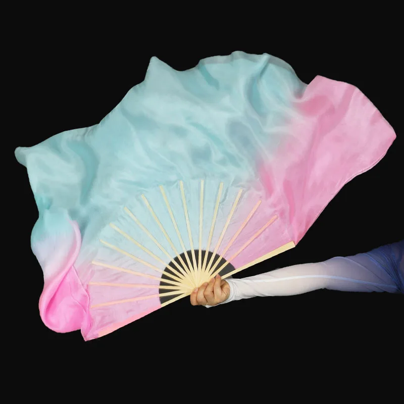 Peacock Blue Magic Pink Mixed Real Silk Veils 100% Silk Women Yangko Dance Fan Pair Two Layer Half Circle Light Dance Prop 76cm