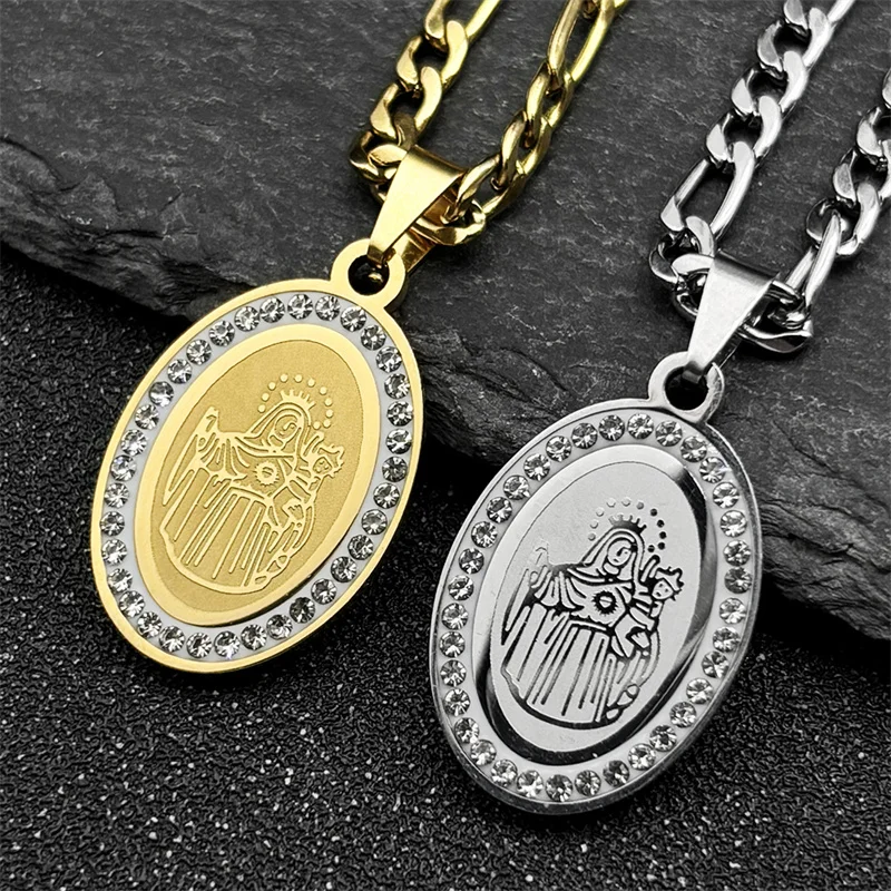

Baby Jesus Virgin Mary Pendant Necklace for Women Men Gold/Silver Color Stainless Steel Christian Medallion Chain Jewelry