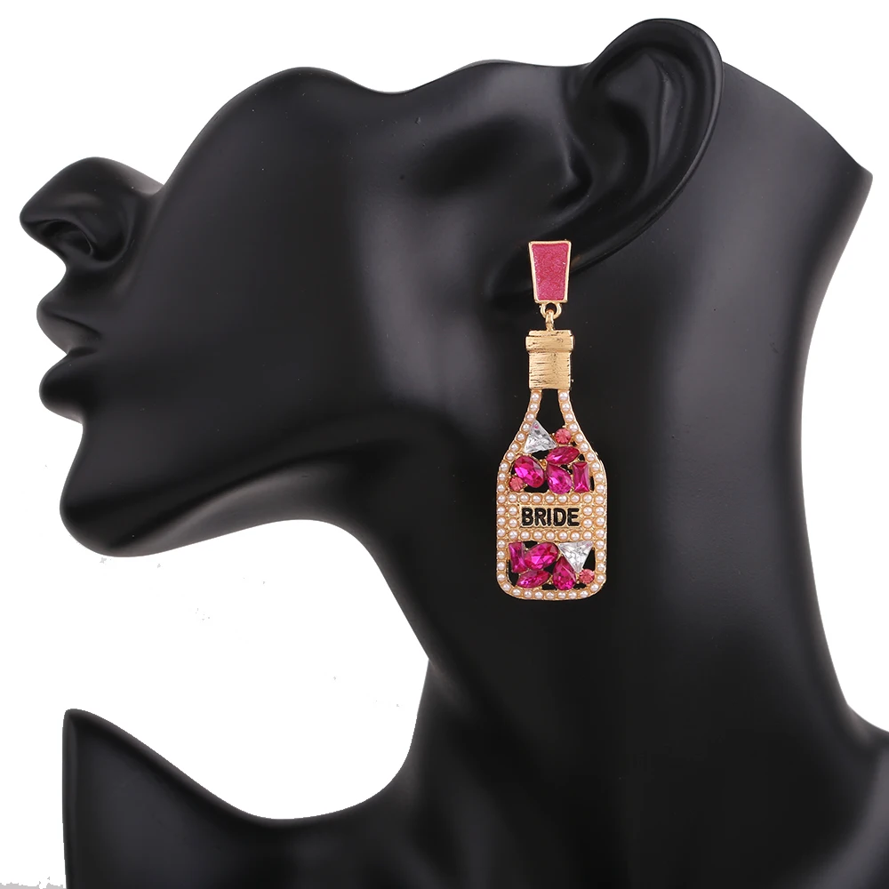 Champagne Bottle Women Earrings Statement New Design BRIDE Letter Drip Oil Dangle Earrings For Women Fashion Jewelry Wholesale