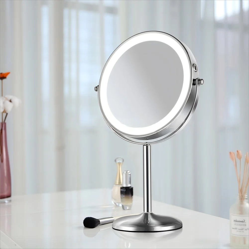 Specchio per trucco in metallo bifacciale da 7 pollici Specchio cosmetico da tavolo ricaricabile a LED con illuminazione a 3 colori con controllo touch