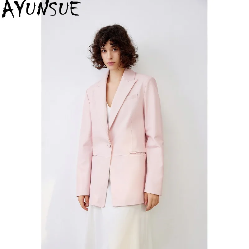AYUNSUE Real Leather Jacket Woman Relaxed Suits Collar Pink Leather Jacket Fashion Sheepskin Outerwears Woman Clothes 가죽자켓