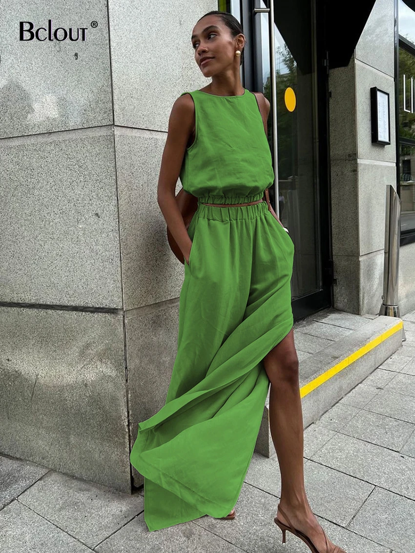 

Bclout Summer Loose Linen Slit Pants Sets Women 2024 Fashion Khaki O-Neck Sleeveless Tops Casual Green Sexy Wide Leg Pants Suits