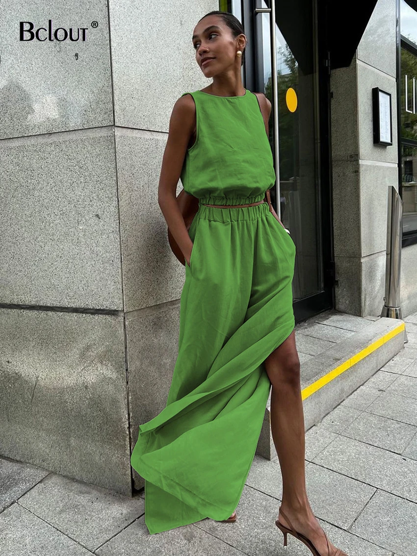 Bclout Summer Loose Linen Slit Pants Sets Women 2024 Fashion Khaki O-Neck Sleeveless Tops Casual Green Sexy Wide Leg Pants Suits