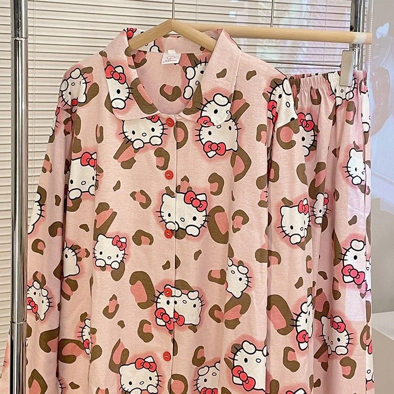 Cute Sanrio Hello Kittys Pajamas Kawaii Anime Cotton Pink Leopard Printed Home Long Sleeved Cartoon Pajama Set Toys Girl Gifts