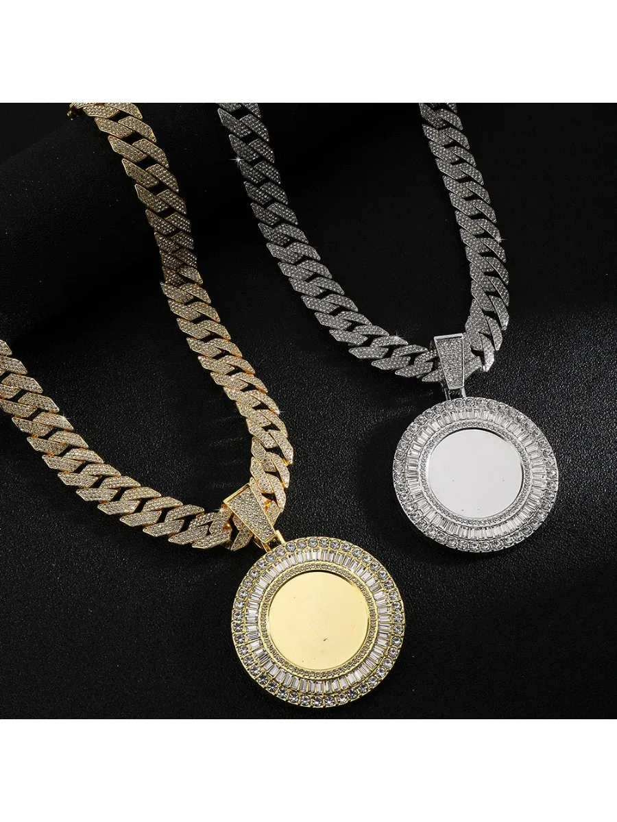 Smooth Sun Disk Diamond Pendant Chain Hip Hop Cuban Chain Men's and Women's Personality Chain