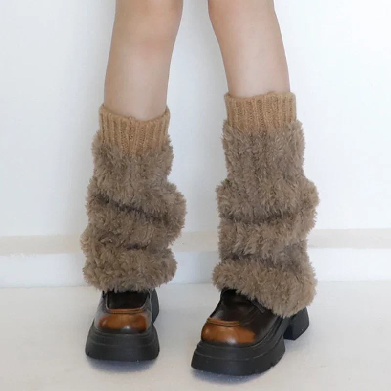 Women's Artificial Fur Leg Warmers Japanese Lolita Autumn Winter Black and White Knitted Socks Leg Warmers for Women Foot Cover