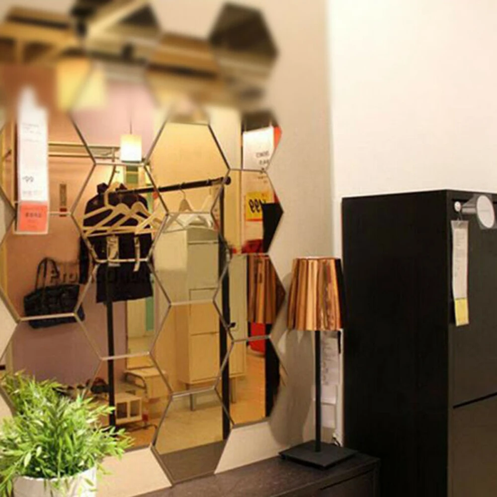 24 Uds pegatina de espejo hexagonal adhesivo dorado mosaico azulejos pegatina DIY dormitorio sala de estar baño decoración del hogar 80*70*40mm