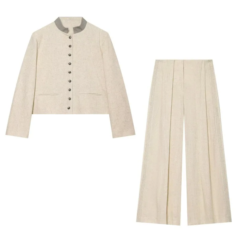 

Withered Women's 2026 Summer Long Sleeved Stand Up Collar Pleated Jacket Straight Leg Pants Two Piece Set Women's Suit Ropa