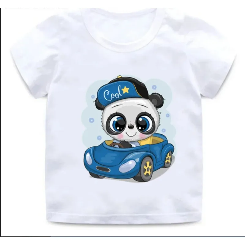 Crianças engraçadas e fofas panda cartoon camiseta gráfica, tops de manga curta, ouvir música, roupas de verão, meninos e meninas