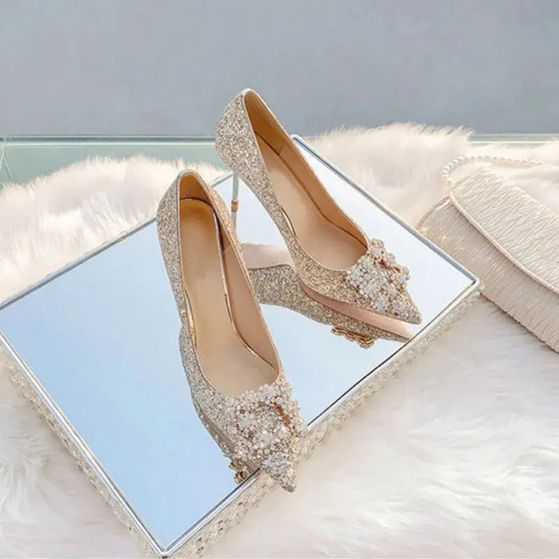 Womens Handmade New Arrival Stiletto Heel Dress Wedding Pumps Pointed-toe Large Size Slip-on Glitter Evening Party Fashion Shoes