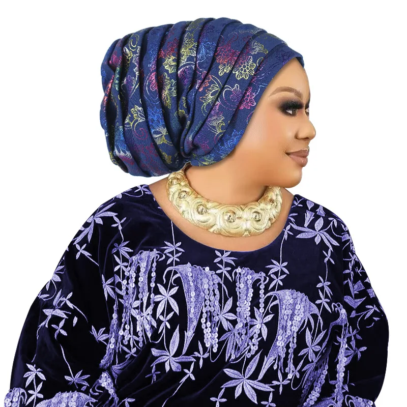 여성을위한 반짝이 전신 Pleated Turban 모자 2025 레이디 헤드 랩 이슬람 Headscarf 모자 Turbante Mujer African Headpiece