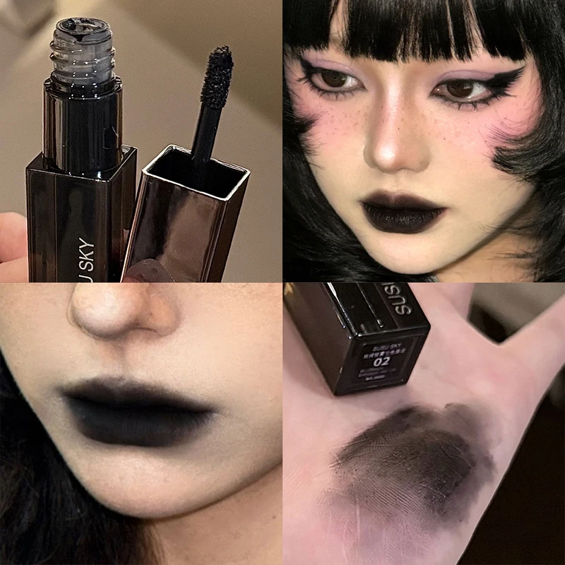 Waterproof Punk Gothic Matte Black Lipstick Purple Lipgloss Makeup Mousse Lip Mud Dark Red Brown Lipstick Non-stick Cup Lip Tint