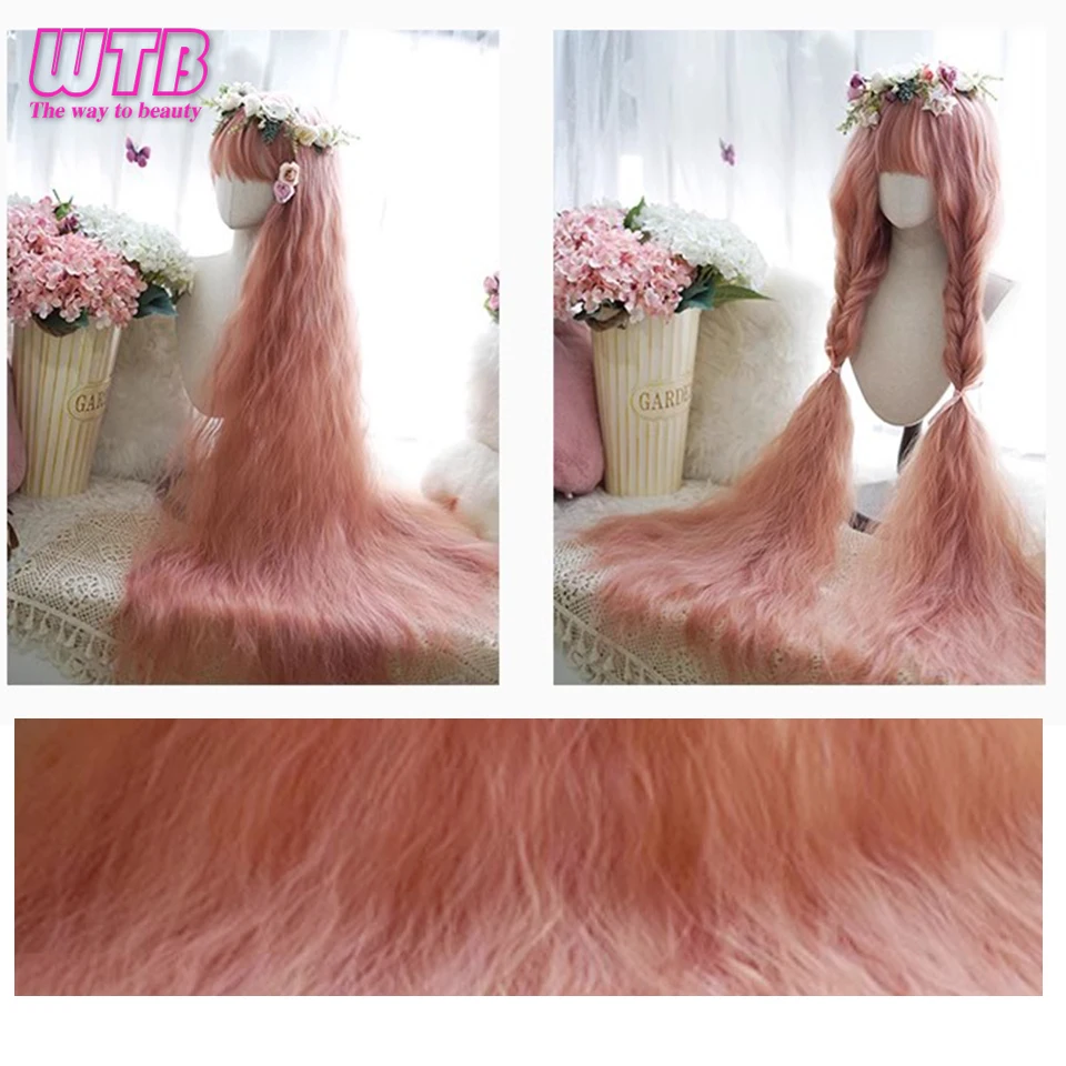 WTB  Synthetic 120cm Long Curly Cosplay Wig with Bangs Pink Blonde Brown Lolita Wig Women Christmas Party Corn Curly Wigs Female