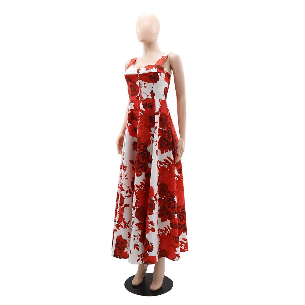 Vestido elegante sem mangas em linha A feminino, estampa floral, cintura alta, plissado, casual, diário, noite, vestidos midi, roupas, rosa vermelha