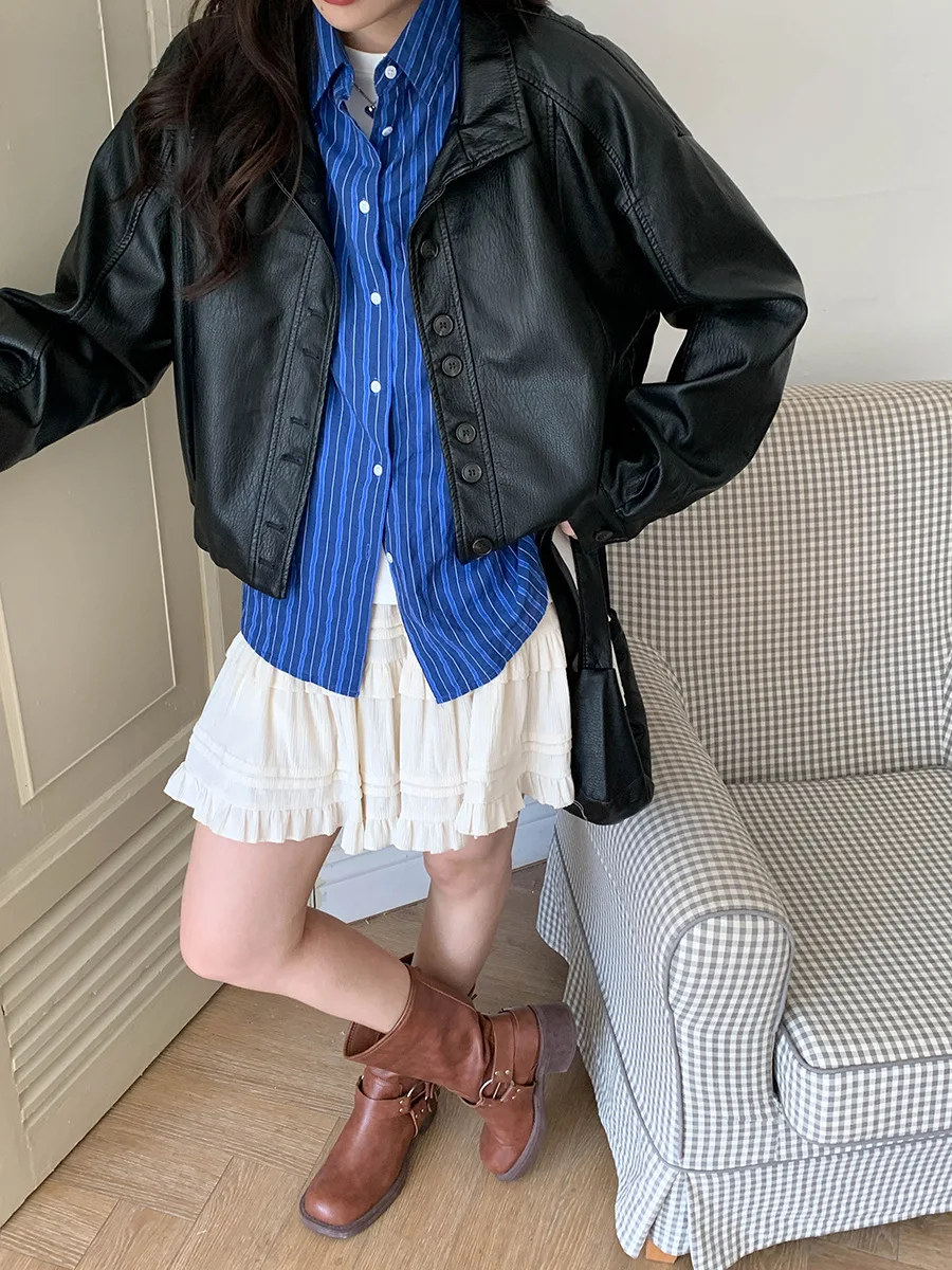 Inverno feminino 2025 casual solto couro PU jaqueta de motocicleta manga comprida casaco elegante