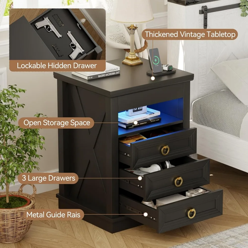 Rustic Wood Nightstand with Human Sensor LED Lights, Charging Station, and Gun Drawer for Bedside Use