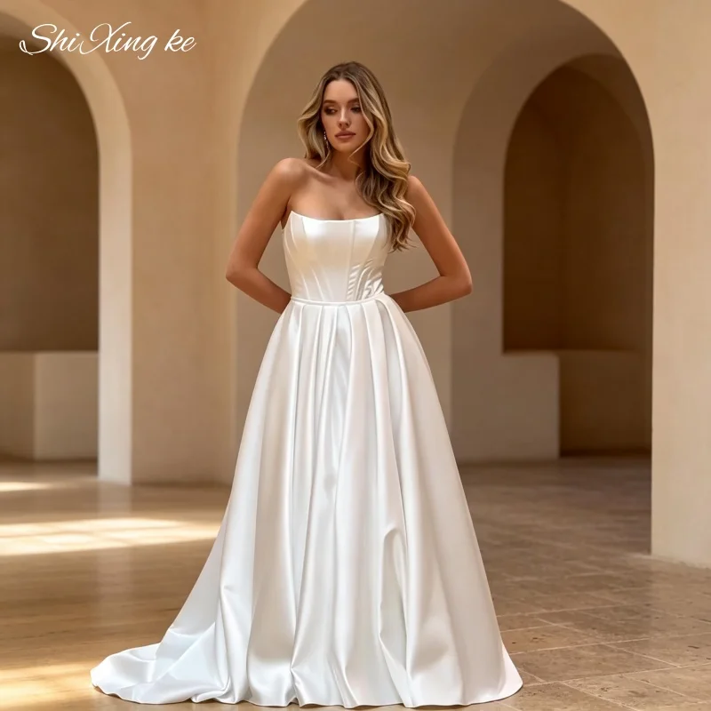 2026 Solid Satin Strapless Wedding Dress A‑Line Corset Back Bridal Gown Vestidos de Novia Customized