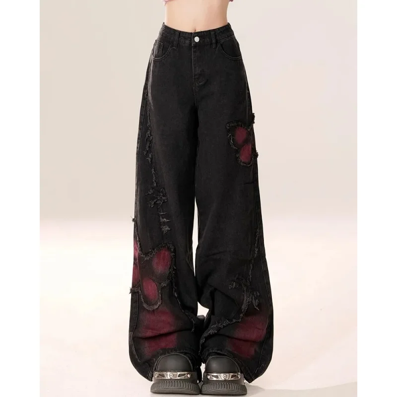 Black Womens Jeans Butterfly High Waist Straight Baggy Denim Pants American Korean Fashion Y2K Female Wide Leg Denim Trouser