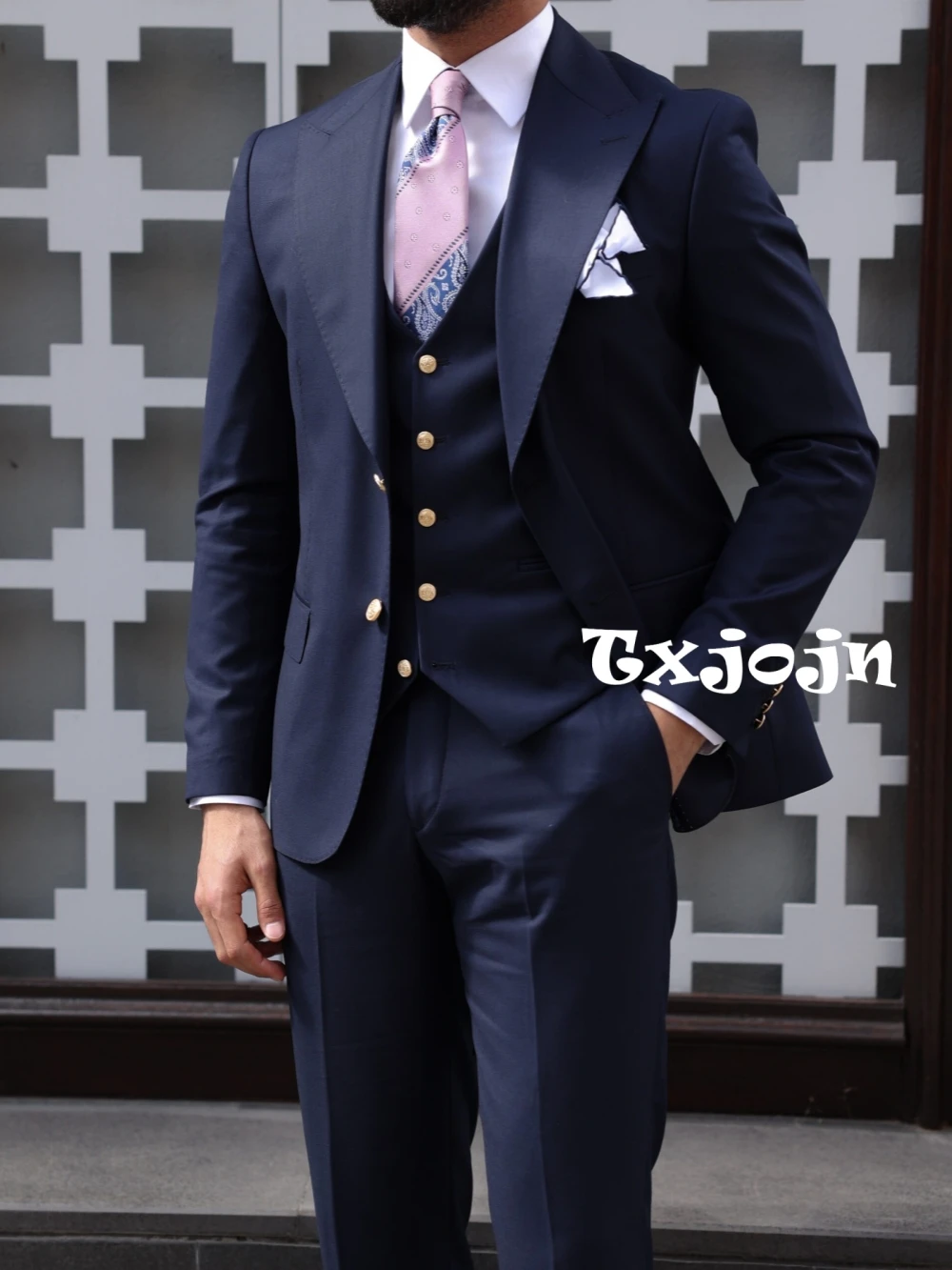 

Navy Male Suits 3 Pieces Jacket Vest Pants Dancing Wear High Quality Two Button Man Tuxedo Wedding Groom Sets Formal Suit Set