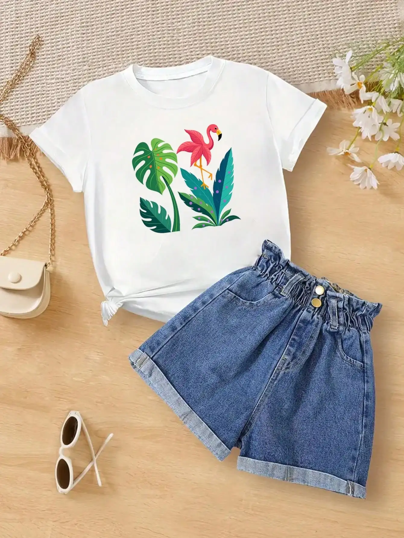 

Tween Girls Tropical Leaves And Flamingo Summer Vacation Outfits, Patriotic Cotton T-Shirt - Only Tops
