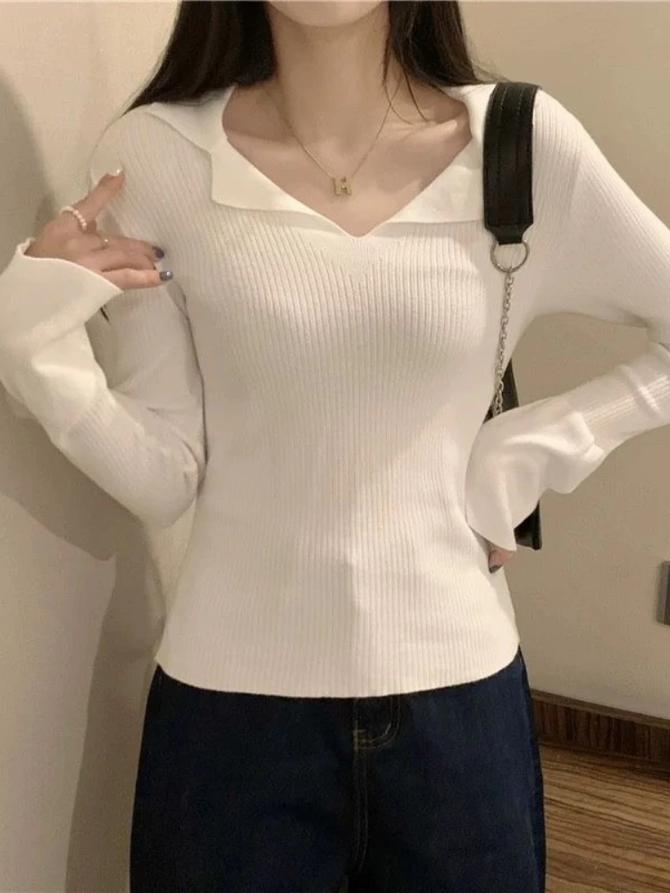 Pullovers Women Soft Knitted Turn Down Collar Fashion Casual Autumn Korean Style Elegant Solid Lady All-match Sweaters Cozy Chic