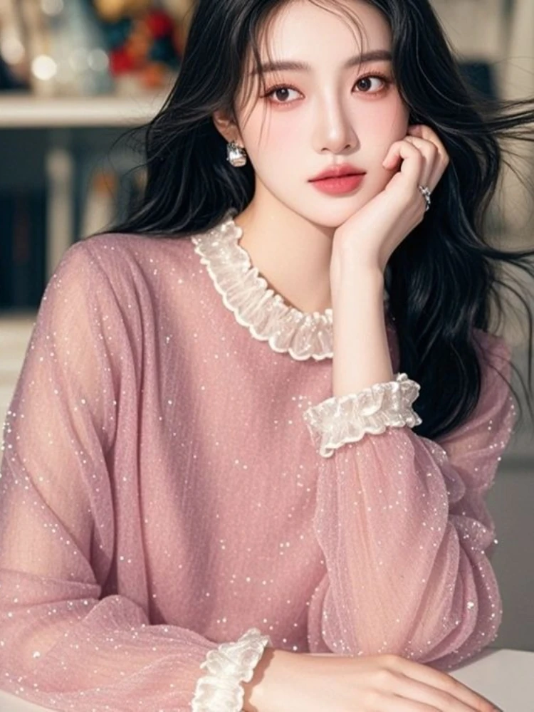 French Sweet Blouses Ruffles Patchwork Stand Neck Long Sleeve Design Shirts Tops Spring All Match Elegant 2025 Women's Clothing