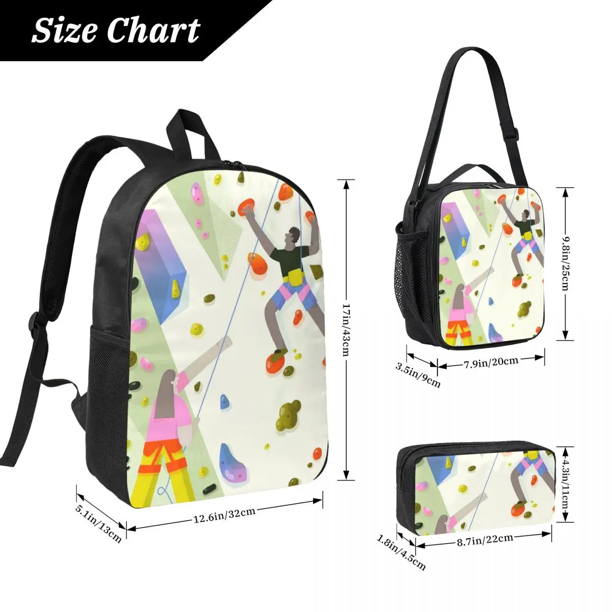 Rock Climbing Figure Sports Theme Backpack Student BookBag School Bag Computer Shoulder Bags 3ps Insulated Lunch Bag Pencil Case