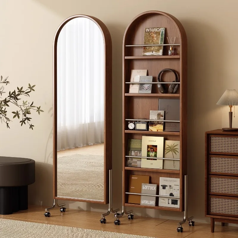 Medieval Style All Solid Wood Movable Full-body Mirror, Household Magazine Bookshelf Storage Integrated Floor Rotating Full-