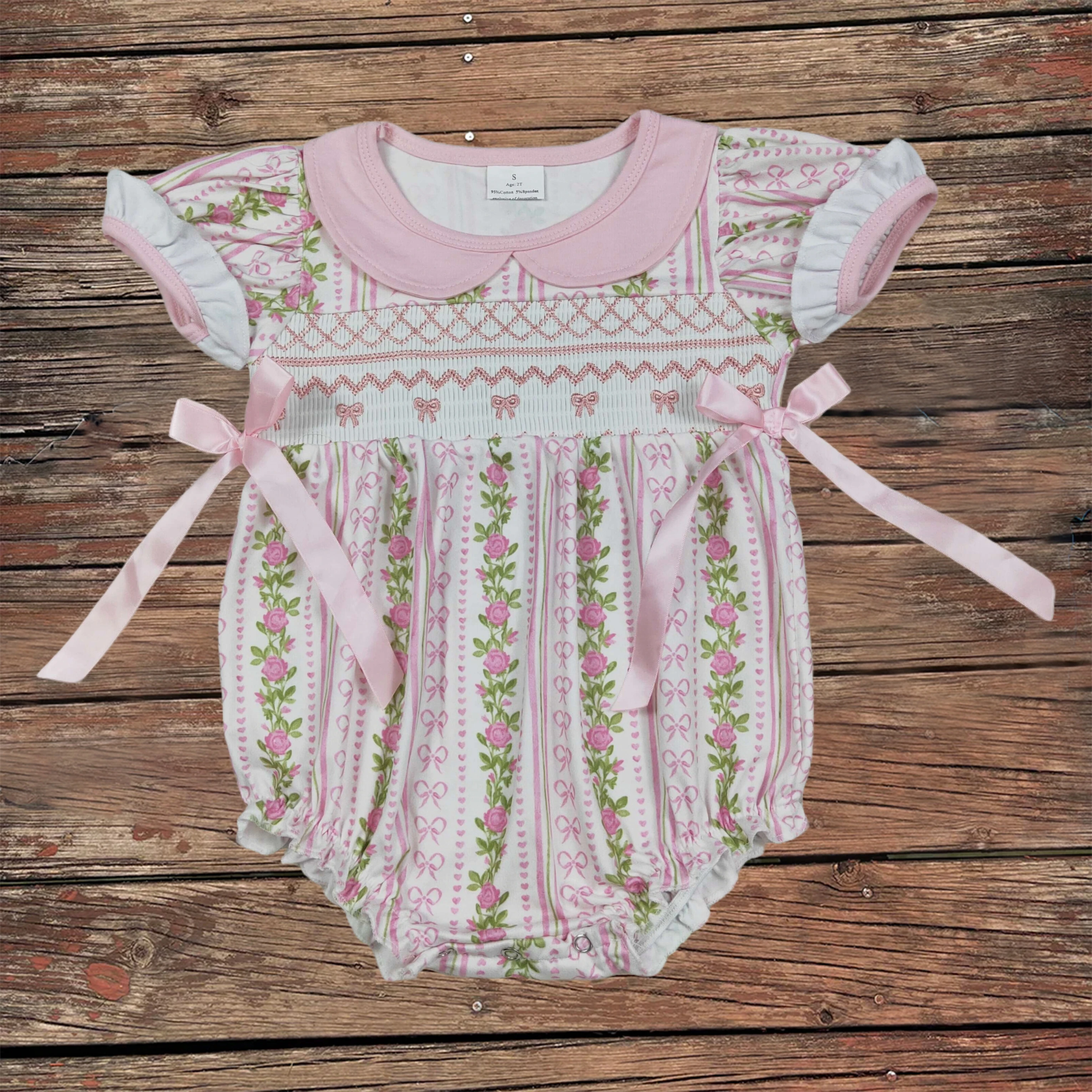 

Wholesale Summer Kids Baby Girls Pan Collar Short Sleeve Bubble Bodysuit Bows Embroidery Infant Newborn Jumpsuits Cotton Romper