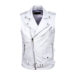 NEW Men Genuine Lambskin Real Leather Waist Coat White Stylish Belt Vest Jacket