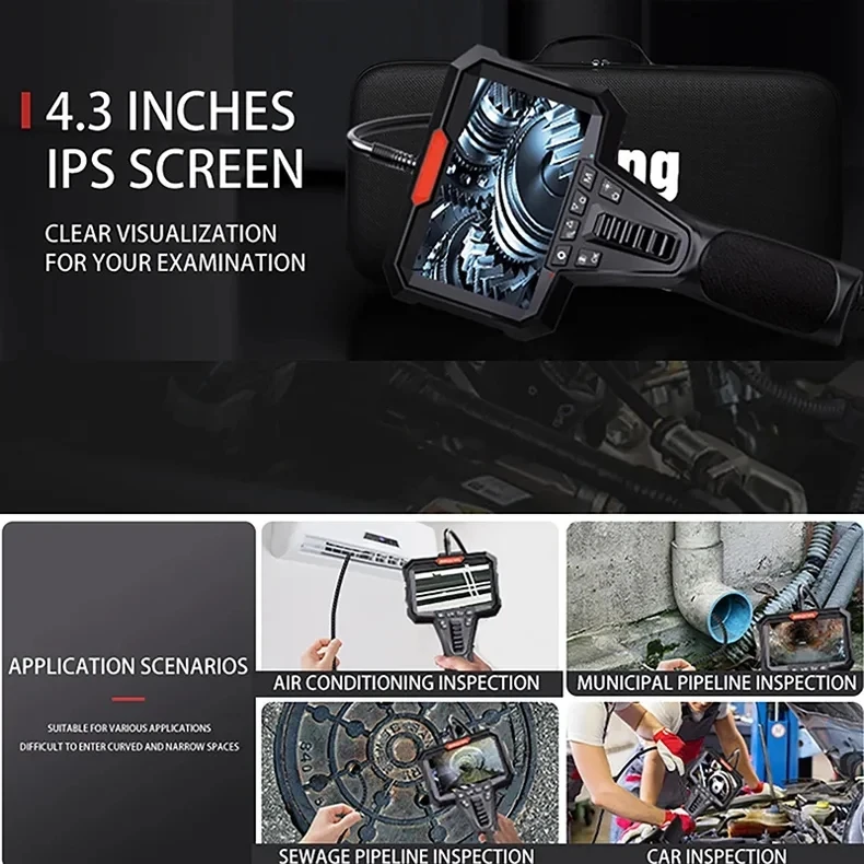 3.9mm/6.2mm Two-Way Articulating Endoscope With 4.3 Inch HD 1080P Steering Industrial Borescope For Engine Sewer Inspection